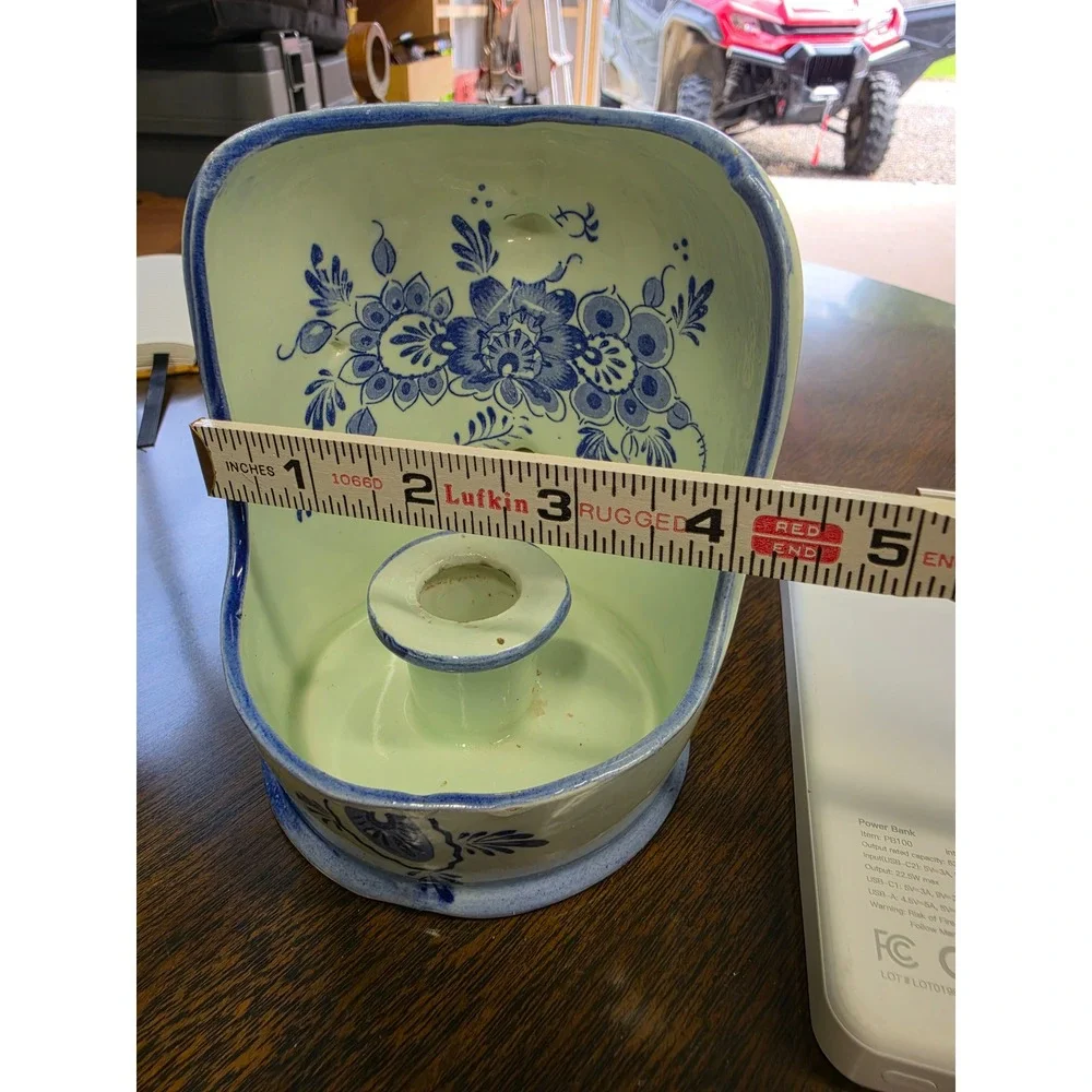 Vintage Blue and White Floral Ceramic Chamberstick Candle Holder with Handle 6in